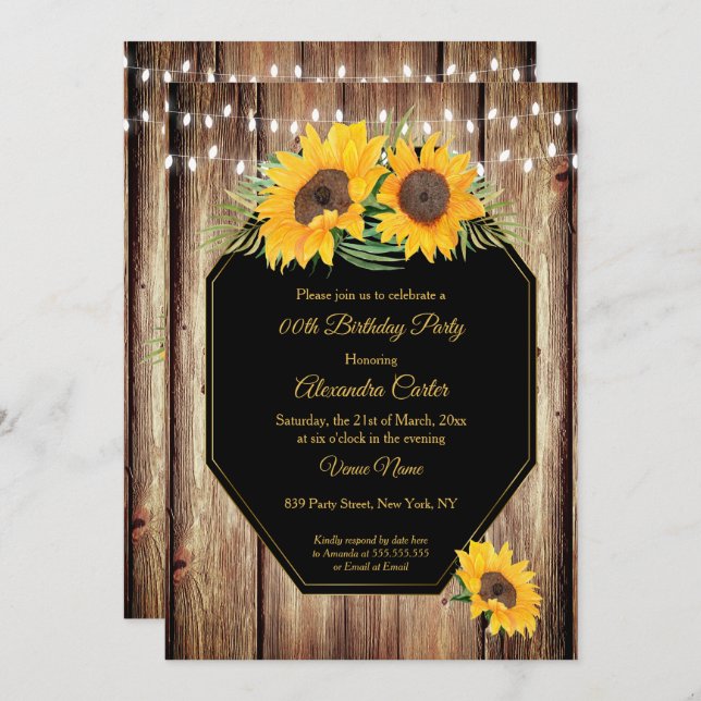 Sunflower Rustic Barn Wood Black String Lights Invitation (Front/Back)