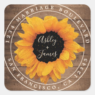 Sunflower Rustic Barn Wood Wedding Return Address Square Sticker