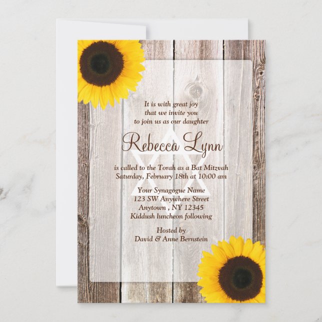 Sunflower Rustic Barn Wood Western Bat Mitzvah Invitation (Front)