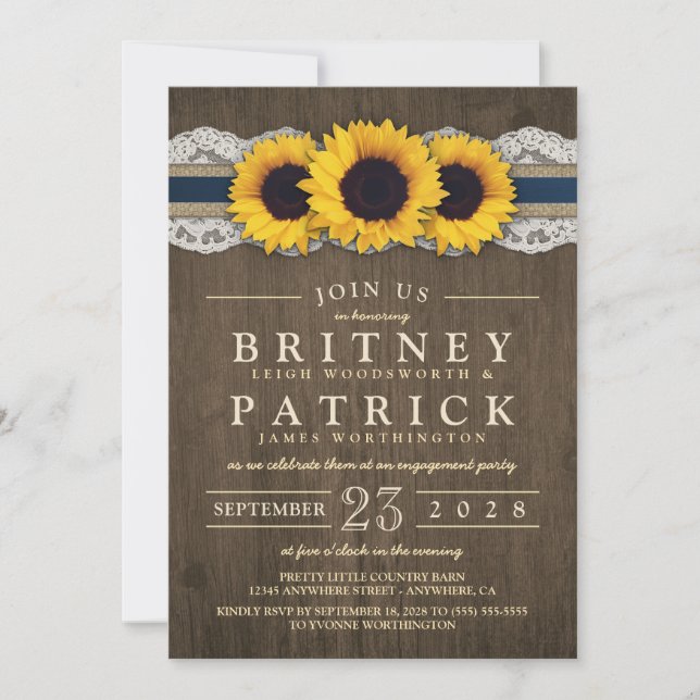 Sunflower Rustic Blue Engagement Party Invitations (Front)