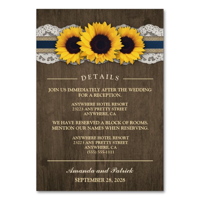 Sunflower Rustic Blue Reception + Hotel Cards (Front)