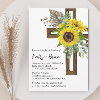 Sunflower Rustic Boho Wooden Cross Baptism Invitation