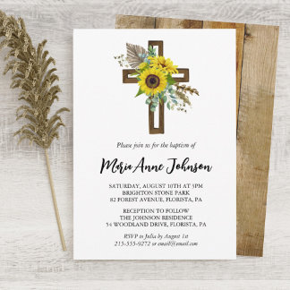 Sunflower Rustic Boho Wooden Cross Baptism Invitation