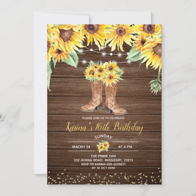 Sunflower Rustic Boot Sweet Sixteen Invitation (Front)