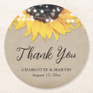 Sunflower Rustic Burlap Wedding Thank You Round Paper Coaster
