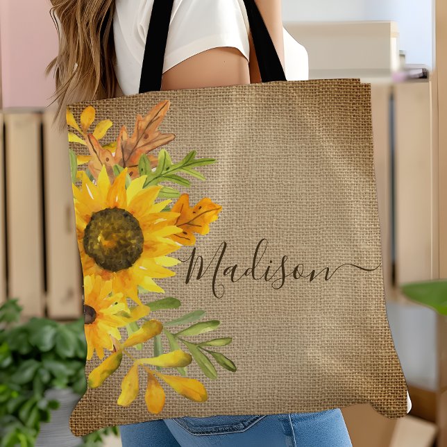 Sunflower Rustic Country Burlap Personalised Name Tote Bag (Creator Uploaded)
