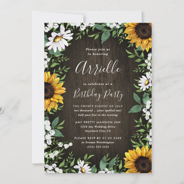 Sunflower Rustic Country Wood Boho Birthday Party Invitation (Front)