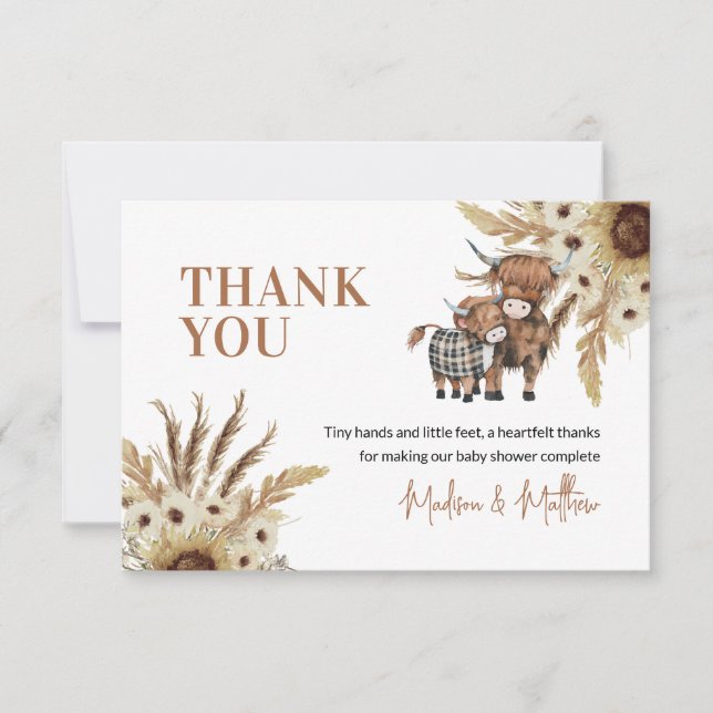 Sunflower Rustic Cow Baby Shower Thank You Card (Front)