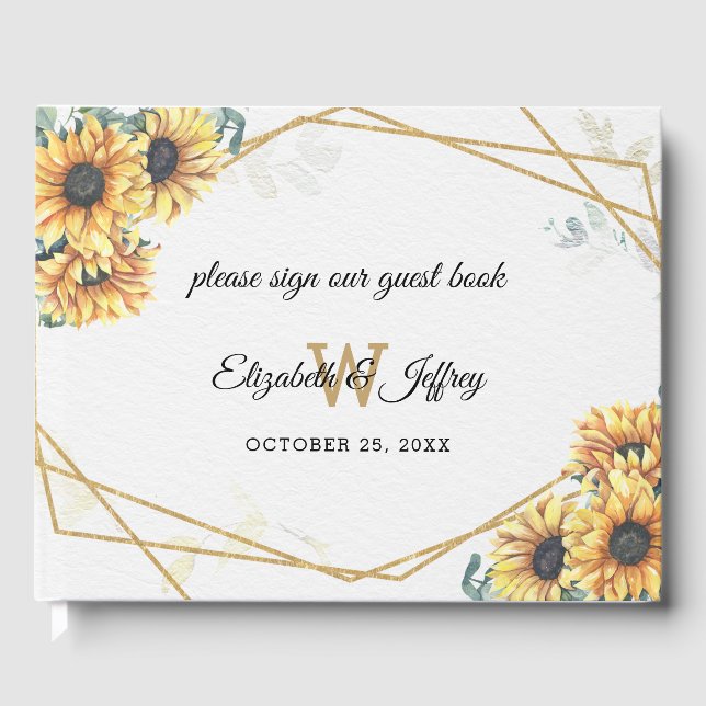 Sunflower Rustic Elegant Geometric Gold Wedding  Guest Book (Front)