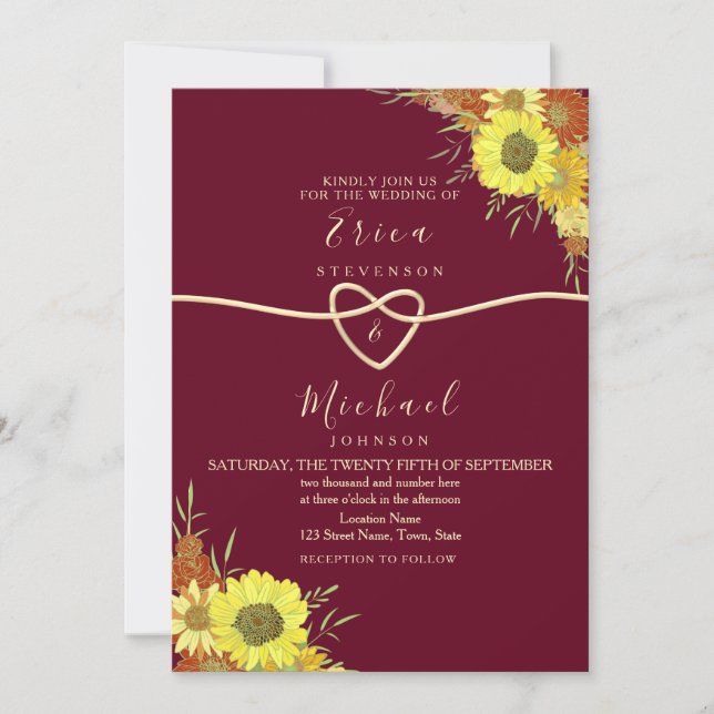 Sunflower Rustic Floral Burgundy Wedding Invitation (Front)