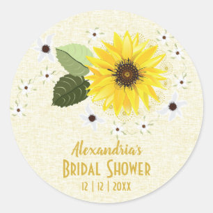 Sunflower Rustic Floral Linen Wedding Custom Classic Round Sticker