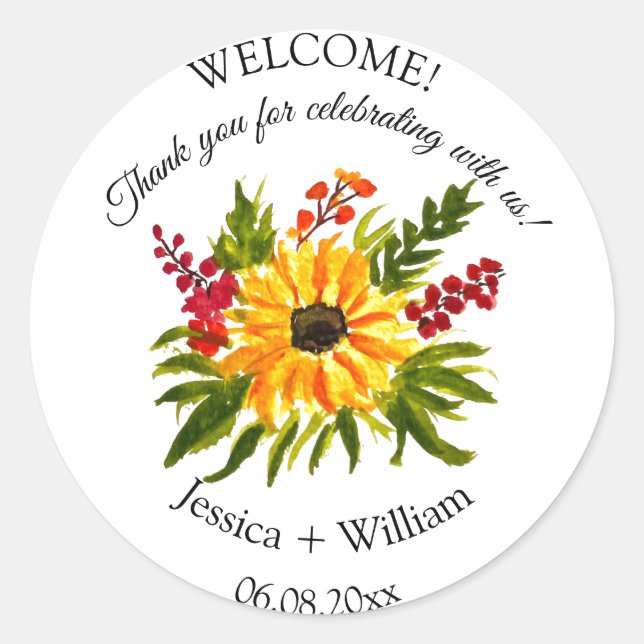 Sunflower Rustic Floral Watercolor Wedding Classic Round Sticker (Front)