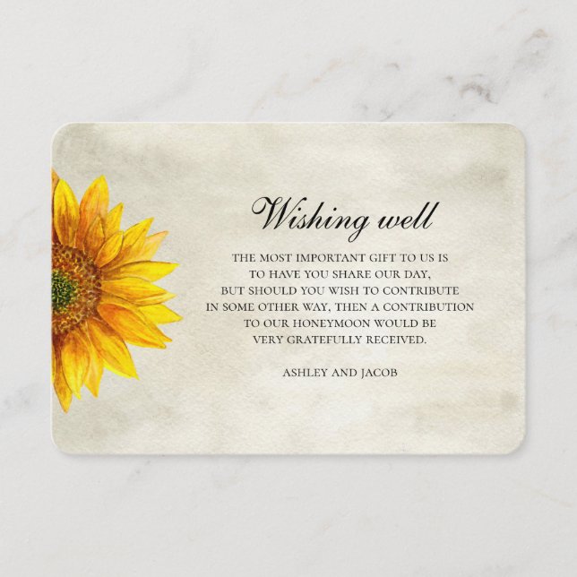 Sunflower. Rustic flower wedding wishing well Enclosure Card (Front)