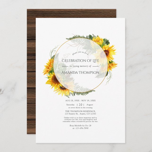 Sunflower Rustic Geometric Celebration of Life Invitation (Front/Back)