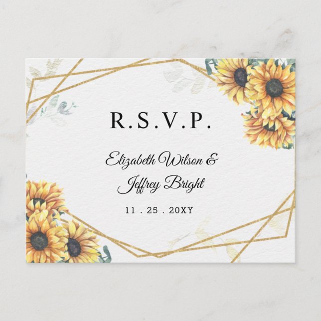 Sunflower Rustic Geometric Gold Wedding RSVP Invitation Postcard (Front)