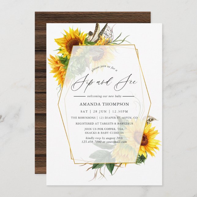 Sunflower Rustic Geometric Sip and See Party Invitation (Front/Back)