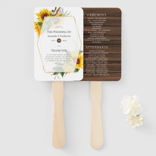 Sunflower Rustic Geometric Wedding Program Hand Fan (Front and Back)
