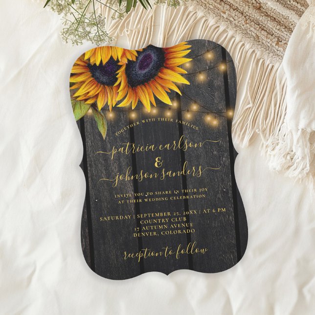 Sunflower rustic gold elegant barn wood wedding invitation (Creator Uploaded)