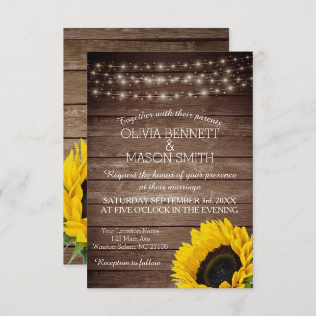 Sunflower Rustic Mason Jar lit Wedding Invitation (Front/Back)