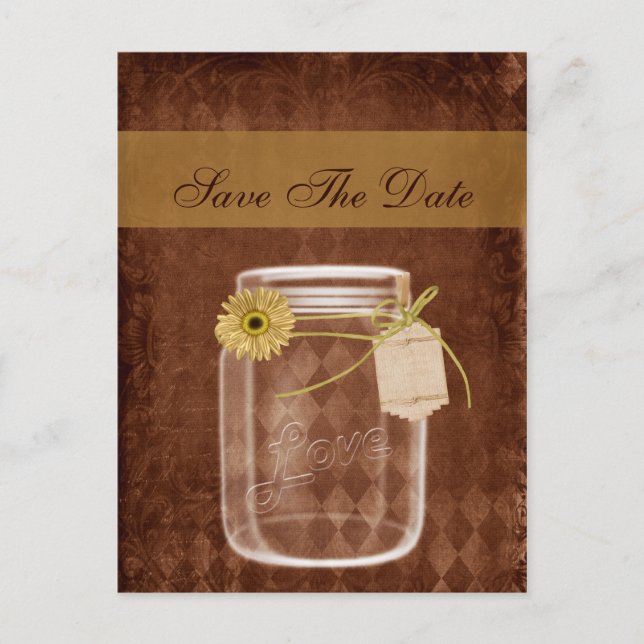sunflower rustic mason jar wedding save the date announcement postcard (Front)