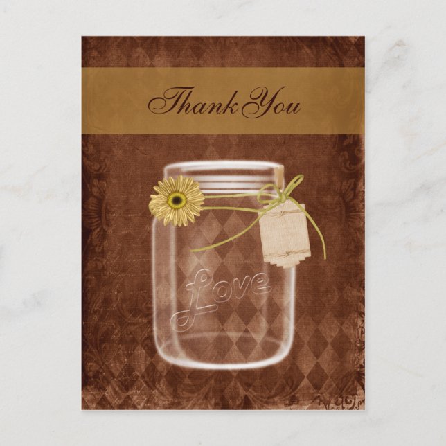 sunflower rustic mason jar wedding thank you postcard (Front)