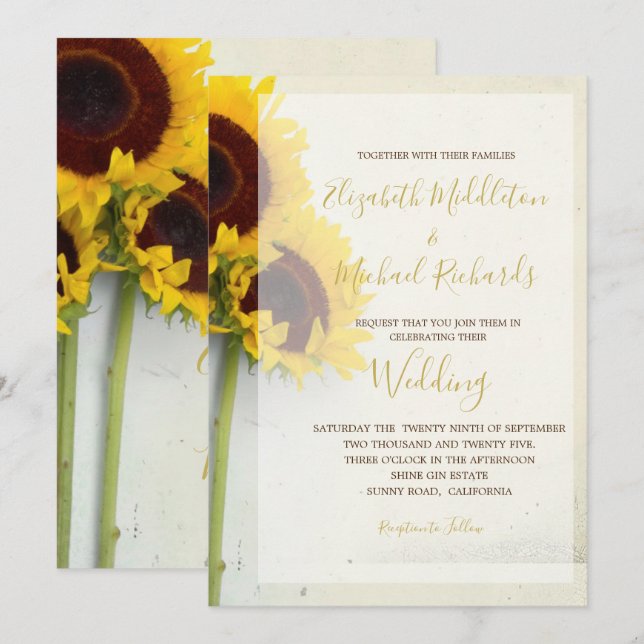 Sunflower Rustic Modern Typography Wedding Invitation (Front/Back)