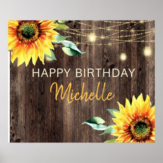 Sunflower Rustic String Lights Happy Birthday Poster (Front)