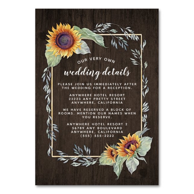 Sunflower Rustic Watercolor Wedding Insert Cards (Front)