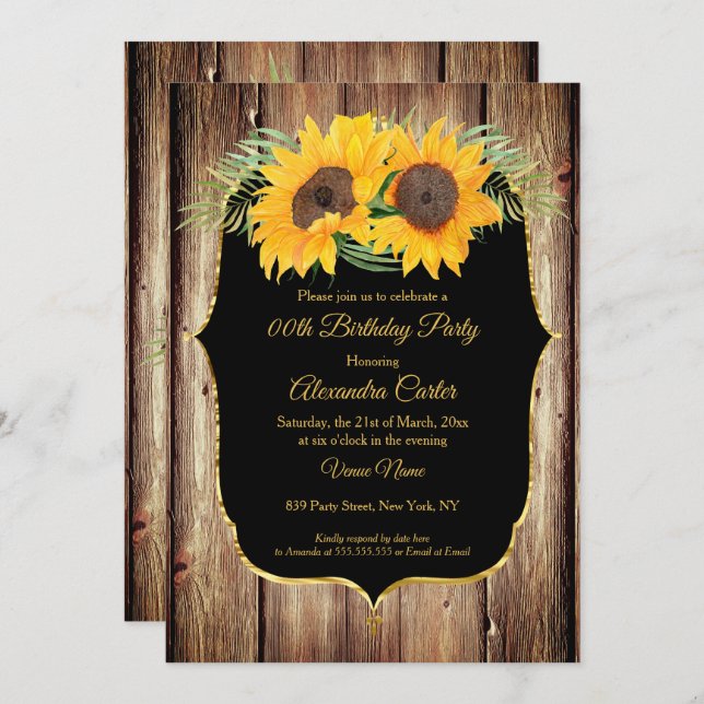 Sunflower rustic wood Black gold party Invitation (Front/Back)