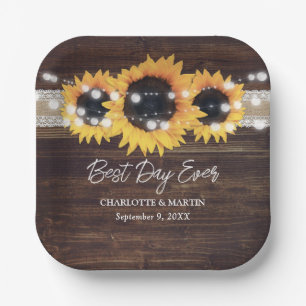 Sunflower Rustic Wood Burlap Lace Wedding Paper Plate