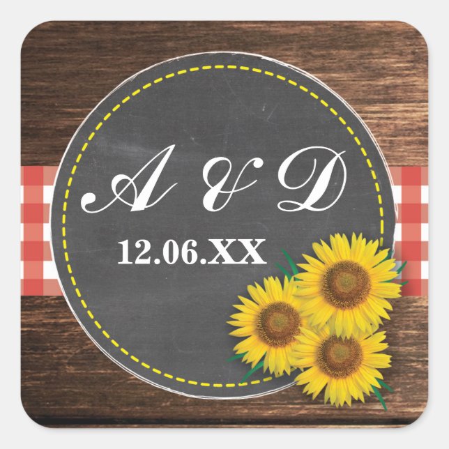 Sunflower Rustic Wood Chalk Initial Stickers Label (Front)
