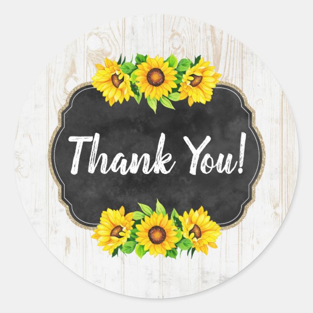 Sunflower & Rustic Wood Country Farm Thank You Classic Round Sticker (Front)