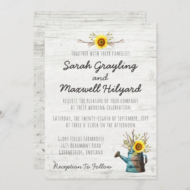 Sunflower & Rustic Wood Farm Wedding Invitation (Front/Back)