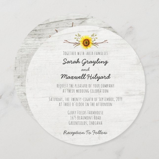 Sunflower & Rustic Wood Farm Wedding Invitation (Front/Back)