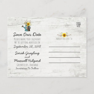 Sunflower & Rustic Wood Farm Wedding Save The Date Announcement Postcard