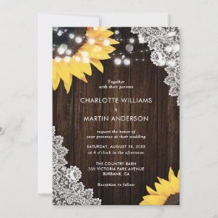 Sunflower Rustic Wood Floral Lace Elegant Wedding Invitation