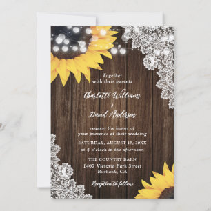 Sunflower Rustic Wood Floral Lace Wedding Invitation