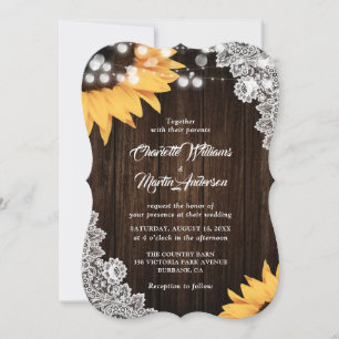Sunflower Rustic Wood Floral Lace Wedding Invitation
