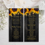 Sunflower rustic wood gold script wedding program invitation<br><div class="desc">Elegant rustic sunflower wood wedding ceremony program template featuring beautiful bright yellow orange sunflowers bouquets and strings of twinkle lights on a country style dark brown wooden background. Personalise it with your your details on both sides. Suitable for rustic country vintage traditional chic summer garden or autumn fall outdoor backyard...</div>