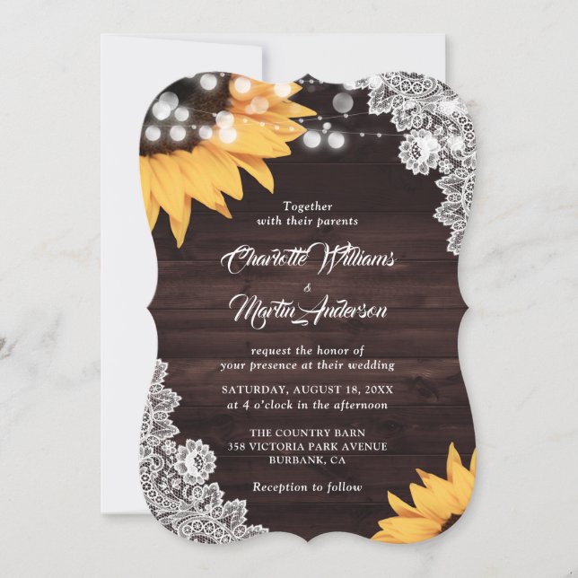 Sunflower Rustic Wood Lace Monogram Wedding Invitation (Front)