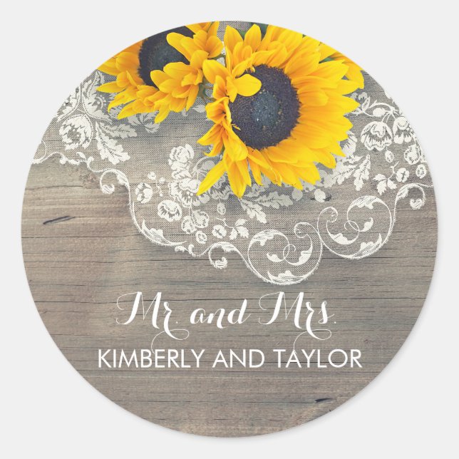 Sunflower Rustic Wood Lace Wedding Monogram Classic Round Sticker (Front)