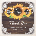 Sunflower Rustic Wood Lace Wedding Thank You Square Paper Coaster<br><div class="desc">These elegant rustic sunflower wedding coasters are ideal favors for your rustic summer or fall wedding party inspired by sunflower flowers.</div>