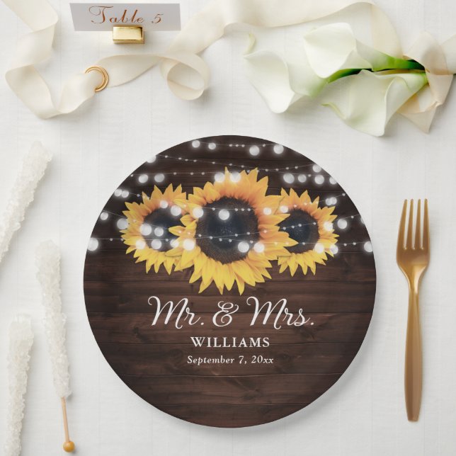 Sunflower Rustic Wood Mr and Mrs Wedding Paper Plate (Wedding)