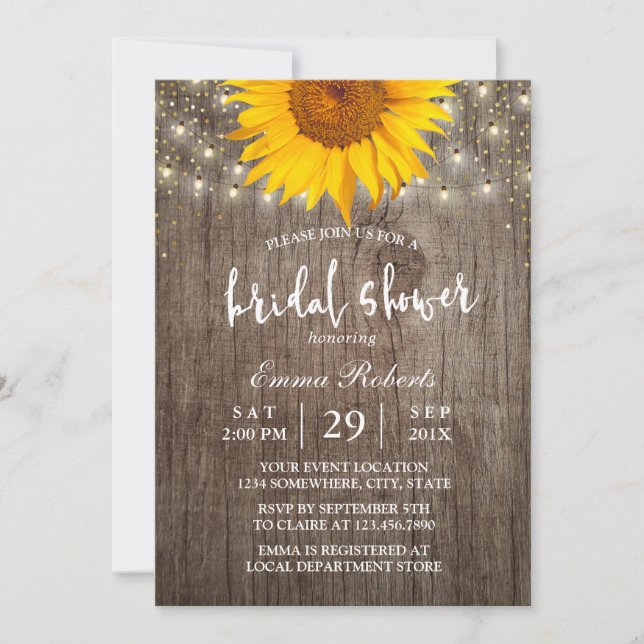 Sunflower Rustic Wood String Lights Bridal Shower Invitation (Front)