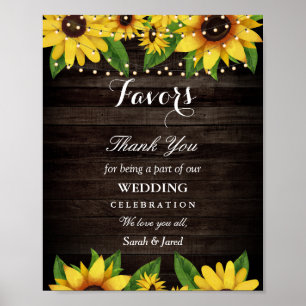 Sunflower Rustic Wood String Lights Wedding Favour Poster