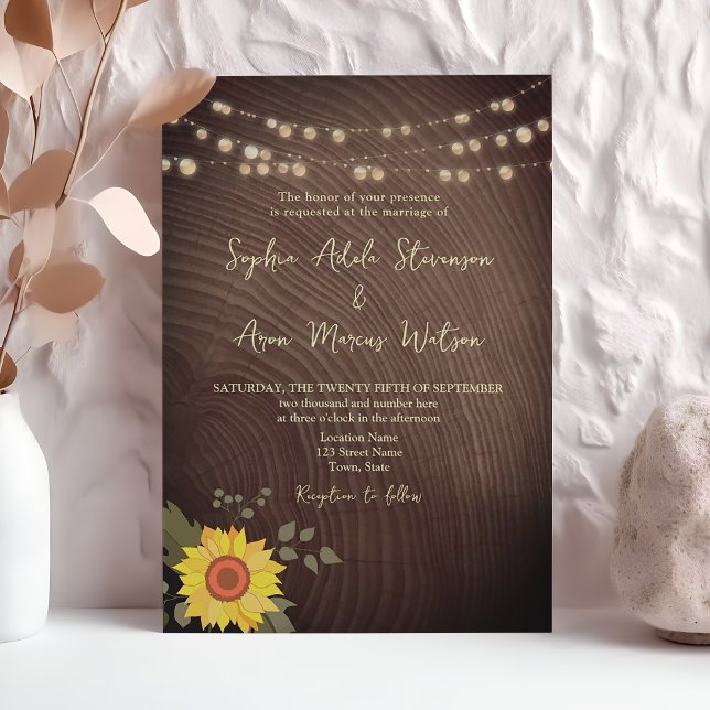 Sunflower Rustic Wood String Lights Wedding Invitation (Creator Uploaded)