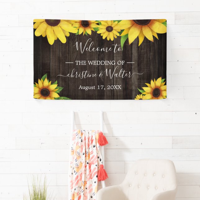 Sunflower Rustic Wood String Lights Wedding Party Banner (Insitu)