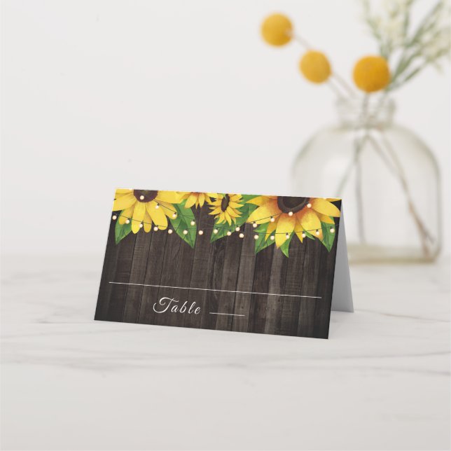 Sunflower Rustic Wood String Lights Wedding Place Card (Front)