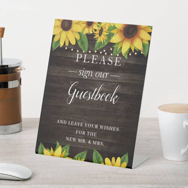 Sunflower Rustic Wood String Wedding Guestbook Pedestal Sign (In SItu)