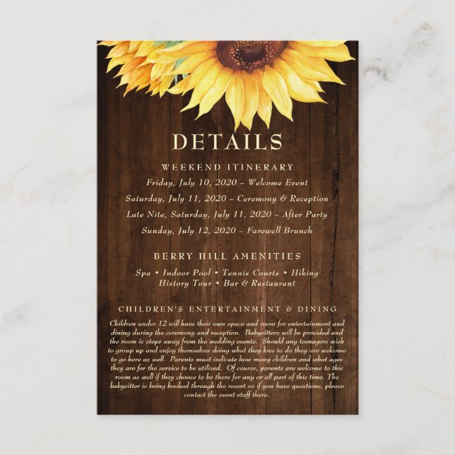 Sunflower Rustic Wood Watercolor Weekend Details Enclosure Card (Front)